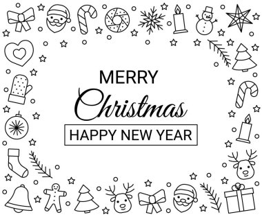 Noel ve yeni yıl için çerçeve çizgisi simgeleri. Mutlu noeller dilerim. Vektör