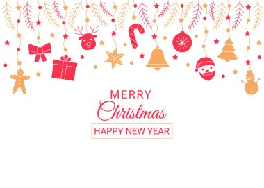 Noel ve Yeni Yıl dekoratif kırmızı ve altın sınır, çizgi simgeleri hazır. İyi tatiller. Vektör