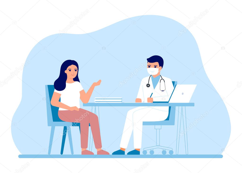 Consultation of woman patient in clinic medical office. Medical advice, doctor supervision. Prevention and treatment to maintain health. Vector
