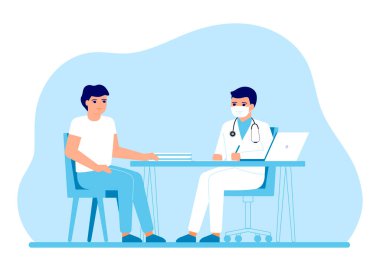 Klinikteki erkek hastanın muayenesi. Tıbbi tavsiye, doktor gözetiminde. Sağlığı korumak için önlem ve tedavi. Vektör illüstrasyonu