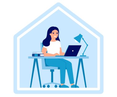 Genç bir kadın evde dizüstü bilgisayarla çalışıyor. Çevrimiçi eğitim, uzaktan öğrenme ya da ev konseptinde çalışma. Çalışma alanı, ev ofisi, uzaktan çalışma. Vektör düz resimleme