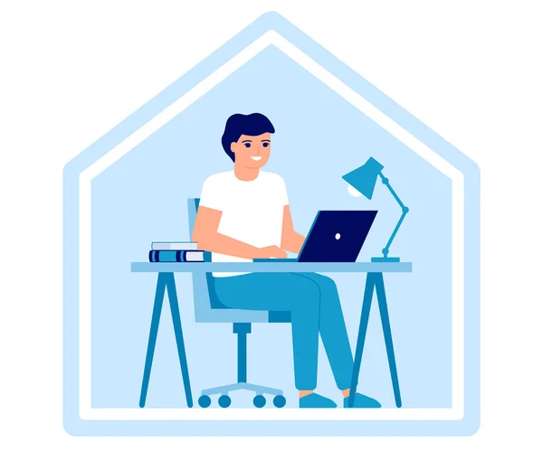 Jovem trabalha em laptop em casa. Educação on-line, educação à distância ou trabalhar em casa conceito. Espaço de trabalho, escritório em casa, trabalho remoto. Ilustração plana vetorial — Vetor de Stock