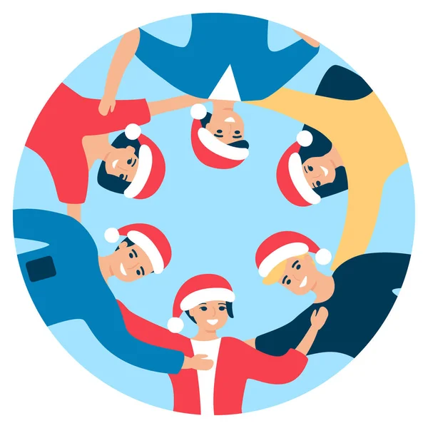 Μια ομάδα χαρούμενων ανθρώπων με το καπέλο του Αϊ Βασίλη στέκονται σε κύκλο και αγκαλιάζονται. Άνδρες και γυναίκες καλωσορίζουν τα Χριστούγεννα μαζί. Συγχαρητήρια σε φίλους, εταιρική εκδήλωση. Χριστουγεννιάτικη επικοινωνία. Διάνυσμα — Διανυσματικό Αρχείο
