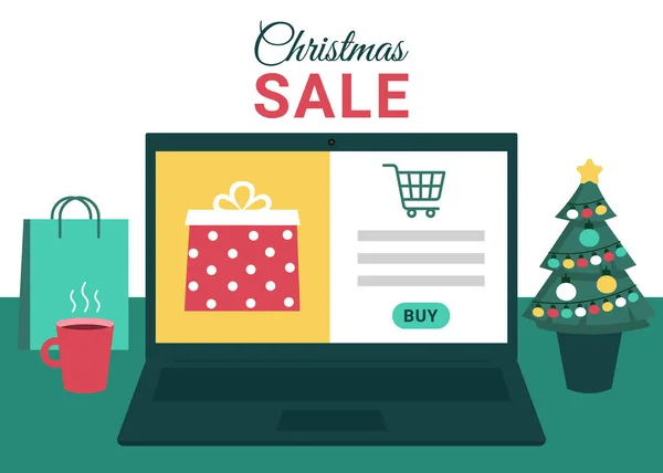 크리스마스 온라인 쇼핑, 세일. 선물 상자가 있는 노트북 화면. 인터넷을 통해 선물을 구입 한다. 겨울 연휴 영업. 벡터 일러스트 — 스톡 벡터