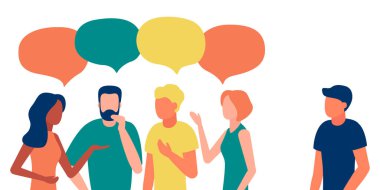 Bir grup insan içe dönük adamı görmezden gelerek iletişim kuruyor. Yalnızlık, cehalet, ayrımcılık, takım arkadaşına kayıtsızlık. İzolasyon, toplumda insanların reddedilmesi. Vektör illüstrasyonu