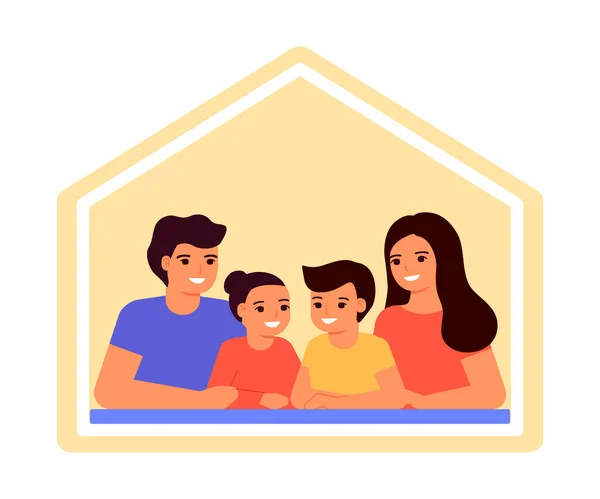 Familia feliz juntos en casa. Madre, padre, hijo e hija están a salvo. Quédate en casa. Comunicación entre padres e hijos. Ilustración plana del vector — Vector de stock