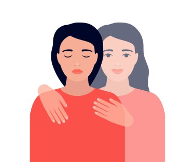 Hüzünlü bir ikiz olarak üzgün genç kadına destek ol ve yardım et. Zorluklar için görünmez destek. Psikolojik sorun çözüldü. Vektör illüstrasyonu
