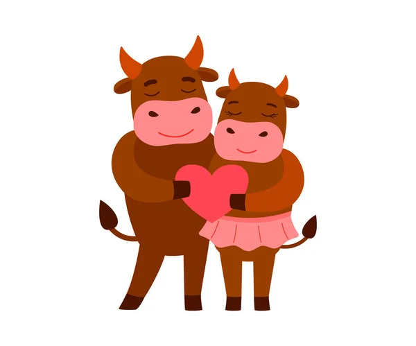 Cute loving cows together. Bull man and cow woman hold heart symbol of love. Family of cows. Vector cartoon illustration — Stock Vector