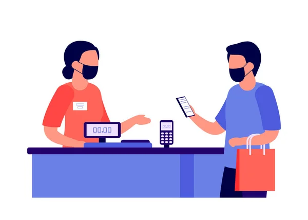 Contactless mobile payment for purchases via nfc. People shopping. Social distancing and protective masks in shop. Checkout, supermarket store counter cashier and shopper. Vector illustration — Stock Vector