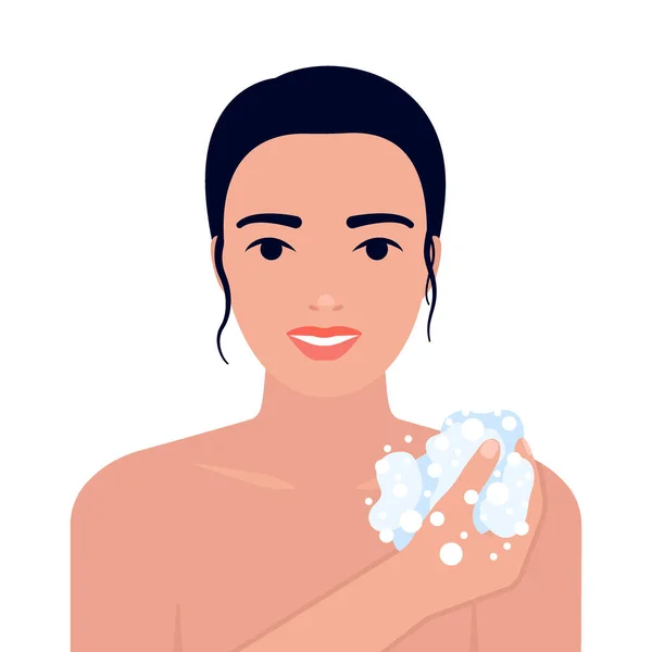 Young woman takes shower, washes. Girl lathers body with sponge and soap. Bathroom procedure, body hygiene, washing. Vector illustration — Διανυσματικό Αρχείο