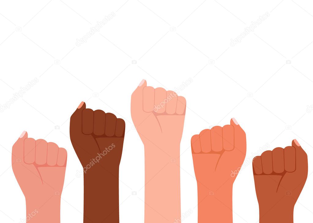Group multicultural people raised fist, sign protest. Strength, strong woman power, justice and unity concept. Vector illustration