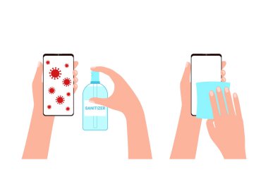 Antibakteriyel temizleyiciyle akıllı telefonun dezenfekte edilmesi. Eller akıllı telefonu tutuyor ve ekranı antiseptik ve bezle yıkıyor. Hijyen, cihazın güvenli kullanımı. Temiz telefon, enfeksiyon riski yok. Vektör