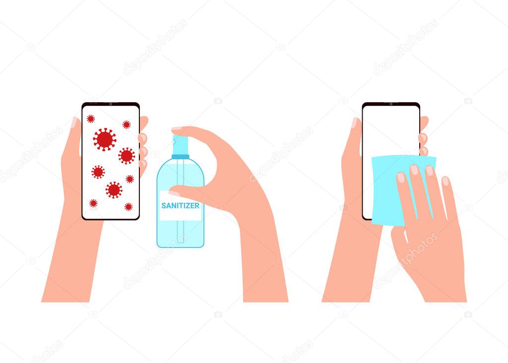Disinfection of smartphone with an antibacterial cleaner. Hands hold smartphone and washes screen with an antiseptic and cloth. Hygiene, safe use of device. Clean phone, no risk of infection. Vector