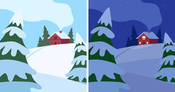 Inverno paisagem montanhosa com neve, casa e abetos, dia e noite. Vida no campo. Neve, frio, geada. Ilustração dos desenhos animados vetoriais — Vetor de Stock