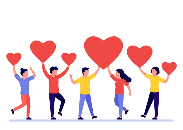 O grupo de pessoas tem a forma vermelha do coração. Homens e mulheres dão feedback, apoio, ajuda, amor. Boa crítica, tipo. Conceito Dia dos Namorados. Ilustração vetorial — Vetor de Stock