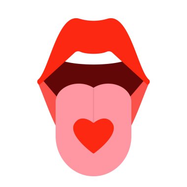 Ağzı dışarı çıkmış dille, kalbi şekillendirerek, aşkı simgeleyerek aç. Kadın pembe sağlıklı dil gösteriyor. Kırmızı dudak, yala. Sevgililer Günü konsepti. Vektör illüstrasyonu