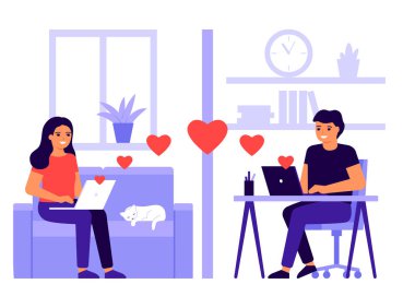 Genç aşıklar internetteki video görüşmesinde mesafeyi karşılıyorlar. Evden internet ile kalplerle uzaktan iletişim. Kadın ve erkek bilgisayarda konuşuyor. Aşkta iletişim, flört. Sevgililer Günü. Vektör