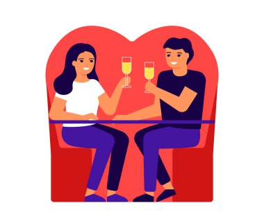 Sevgililer Günü 'nü kutlamak için aşıklar toplanıyor, masada birlikte oturuyorlar. Mutlu çiftler çıkıyor, bayramı kutluyor, konuşuyor ve yemek yiyor. Evde, restoranda ya da kafede aile yemeği tadıyor. Vektör