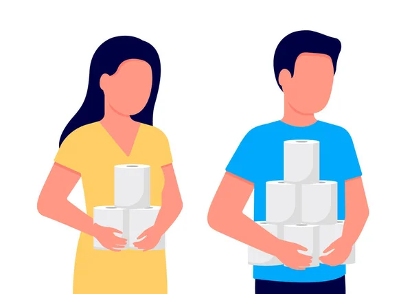 Man and woman holds many rolls of toilet paper. Abdominal pain and diarrhea. People are stocking up toilet paper for home quarantine from coronavirus. Internal discomfort. Vector illustration — Stock Vector