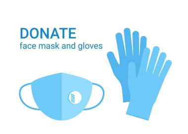 Kumaş maske ve koruyucu eldivenler bağışlayın. Sosyal yardım olarak solunum cihazının koruyucu yüz ve el giysisi bağışları. Güvenlik PPE, sağlık ve insani yardım kavramı. Vektör