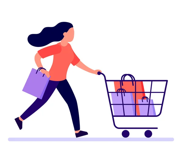 La femme se dépêche de courir à la vente en magasin. Acheteuse avec panier se précipitent à vendre et à escompte des articles. Illustration vectorielle — Image vectorielle