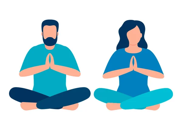 Calma pareja meditando, sentado en la pose de loto en casa. Concepto de yoga. El hombre y la mujer hacen meditación para beneficiar la salud del cuerpo, la mente y las emociones. Vector aislado sobre fondo blanco — Archivo Imágenes Vectoriales