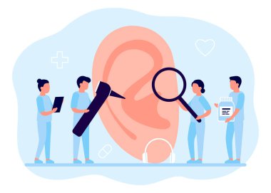 Doktorlar kulak ve işitme organlarının sağlığını kontrol ediyor. Tıbbi muayene, kulak testi ve tedavisi, otolaringoloji. Kayıpları kontrol et. Vektör düzlüğü