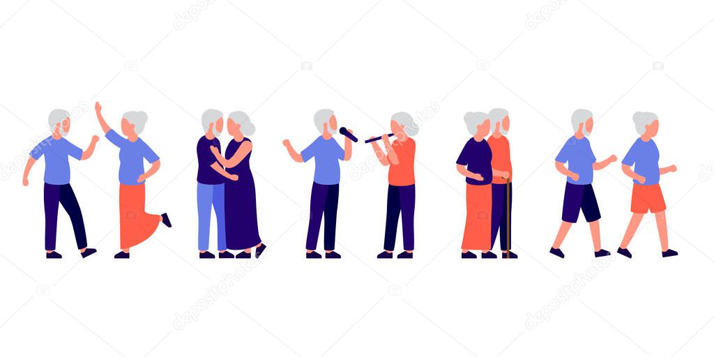 Senior people men and women active spending time together on leisure. Old couple dance, doing sport, sing and doing other leisure activities. Vector illustration