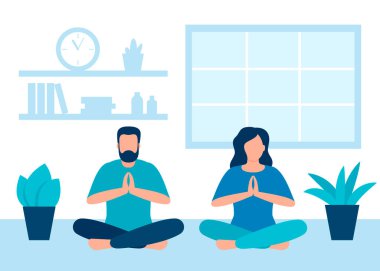 Sakin bir çift evde lotus poz verirken meditasyon yapıyor. Yoga konsepti. Erkek ve kadın, vücut, akıl ve duyguların sağlığı için meditasyon yaparlar. Beyaz arkaplanda vektör
