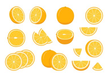 Olgun portakal seti. Yarısı kesilmiş, yarısı dilimlenmiş ve dilimlenmiş. Vitaminli taze ekşi narenciye. Vektör illüstrasyonu beyaz arkaplanda izole edildi