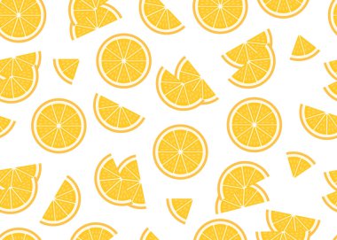 Olgun bir parça ve turuncu arka plan dilimi. Taze ekşi turunçgil, turuncu, dikişsiz desen. Vektör illüstrasyonu