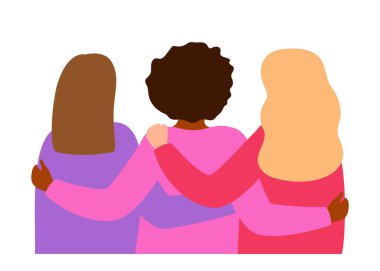 Uluslararası bir grup kadın birbirine sarılıp destek oluyor. Kardeşlik, arkadaşlar, feministler birliği, dayanışma. Mutlu kızlar takımı. Vektör