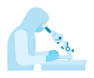Bilim adamları mikroskopla bilim araştırmaları ve kimyasal laboratuvar deneyleri için çalışıyorlar. Klinik laboratuarında güvenlik kıyafetleri içinde mikrobiyoloji ve ilaç araştırmaları yapan bir doktor. Vektör