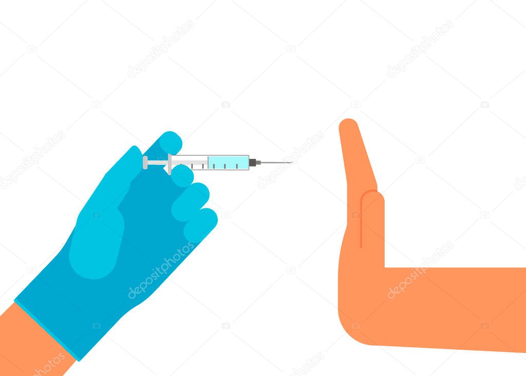 Refusal of medical vaccination. Hand hold syringe with vaccine and hand answer against. Anti-vaccination protest. Stop medical injection and refuse vaccine medication. Vector