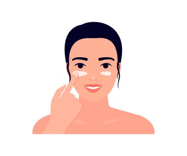 Güzel genç bayan yüz kremi sür. Cilt bakımı, prosedür deriyi korur. El kozmetik masaj suratı. Güzellik merkezi konsepti. Vektör