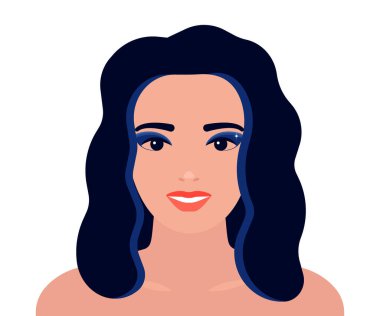 Makyajlı bir kadın yüzü. Parlak makyajlı güzel bir kız yüzü. Tatil için kadın güzellik hizmeti. Vektör