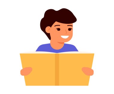 Çocuk erkek kitap okur ve edebiyattan hoşlanır. Okuma, öğrenme, eğitim ve eğlence için açık bir kitap. Sevimli çocuk okumayı ve öğrenmeyi seviyor. Vektör illüstrasyonu