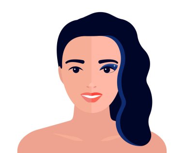Makyajsız, makyajsız, dönüşüm geçirmiş bir kadın yüzü. Parlak makyajlı güzel beyaz bir kadının yarım yüzü ve diğeri doğaldır. Kadın güzellik servisi. Vektör