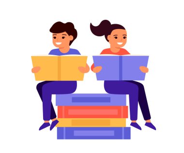 Çocuklar bir yığın kitabın üzerine oturur, birlikte kitap okurlar ve edebiyattan zevk alırlar. Okuma, öğrenme, eğitim ve eğlence için açık bir kitap. Sevimli erkek ve kız okumayı sever. Vektör