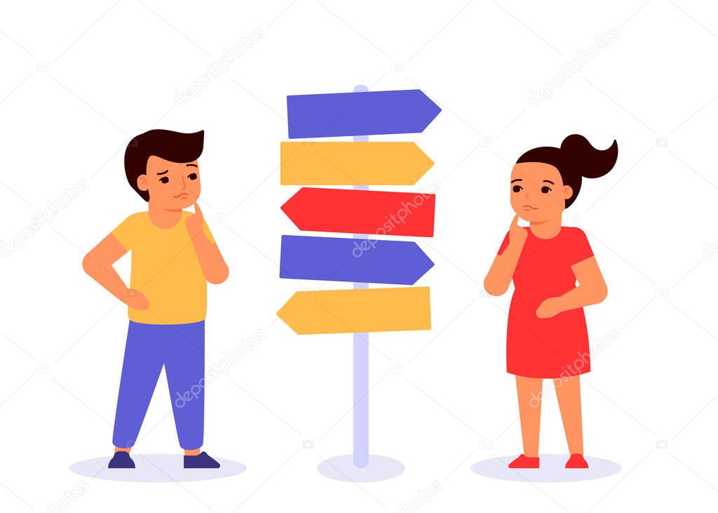 Doubting children decide question of choice, choice of path of education and work, direction of future. Concept of self realization, education and career success. Vector flat illustration