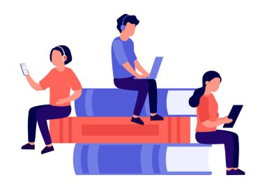 Öğrenci erkek ve kadın kitap yığınının üzerinde oturuyor, birlikte kitap okuyor, teknoloji öğreniyor. Okuma ve eğitim kitabı. Çevrimiçi öğrenme kursları. Oğlan ve kız okumayı sever. Vektör illüstrasyonu