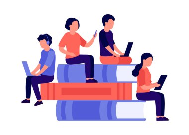 Öğrenci erkek ve kadın kitap yığınının üzerinde oturuyor, birlikte kitap okuyor, teknoloji öğreniyor. Okuma ve eğitim kitabı. Çevrimiçi öğrenme kursları. Oğlan ve kız okumayı sever. Vektör düz resimleme