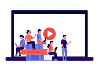 Çevrimiçi eğitim, ev konseptinde uzaktan öğrenme, kitap ve video. Öğrenciler laptoptan, akıllı telefondan, tabletten öğreniyor. Çalışma alanı, uzaktan çalışma, toplu sanal toplantı. Vektör illüstrasyonu