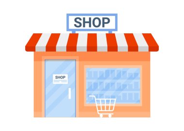 Çevrimdışı dükkan binası, ödeme mağazada. Ticari işler. Evde küçük bir dükkan var. Vektör düz resimleme