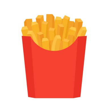 Fast food kızarmış patatesler kırmızı kutuda. Fransız usulü kızarmış yemek. Sağlıksız patates kızartması. Vektör izole illüstrasyonu
