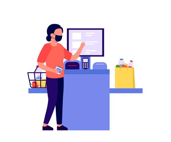 Self checkout shop. Woman paying for products at electronic device. Self-service cashier on terminal with scanner. Cash machine with monitor. Vector flat illustration