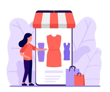 Mobil alışveriş, internetten alışverişe. Kadın internet üzerinden telefon uygulaması ile bir şeyler satın alıyor. Elbiseleri akıllı telefondan, online alışverişten, ekommerceden seç. Vektör illüstrasyonu