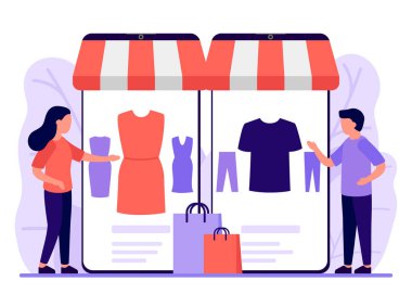 Mobil alışveriş, internetten alışverişe. Erkek ve kadın telefon uygulaması ile online mağazadan bir şeyler satın alıyorlar. Akıllı telefon, online alışveriş, ecommerce üzerinden kıyafet seç. Vektör illüstrasyonu