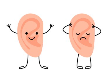 Sağlıklı ve üzgün, mutlu karakterler. Çocuklar için işitme organını kontrol et. Kulak sağlığını kontrol et. Kulak ağrısı, kulak iltihabı, kulak çınlaması. Vektör düz resimleme