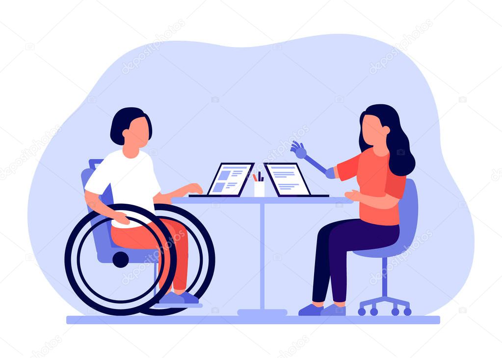Employee people with disabilities and inclusion work together in office. Disabled different people on wheelchair and with prothesis sit and communicate using laptop. Handicap persons work. Vector